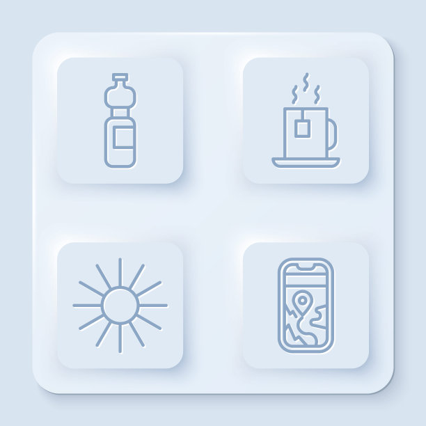 设置行瓶装水，茶与茶袋，太阳和城市地图导航。白色正方形按钮。向量图片下载