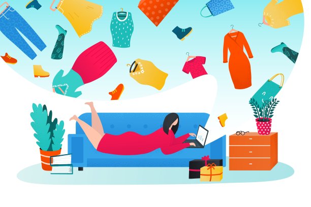 网上购物在互联网矢量插图。女人想通过网络购物，躺在沙发上用笔记本电脑。图片下载