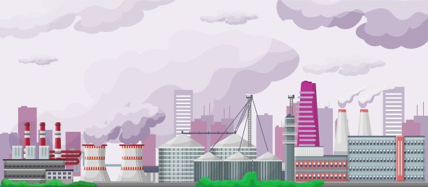 污染与环境，生态矢量插图。工厂和工厂建筑冒烟的烟囱。天空中肮脏的烟雾，重工业。图片下载