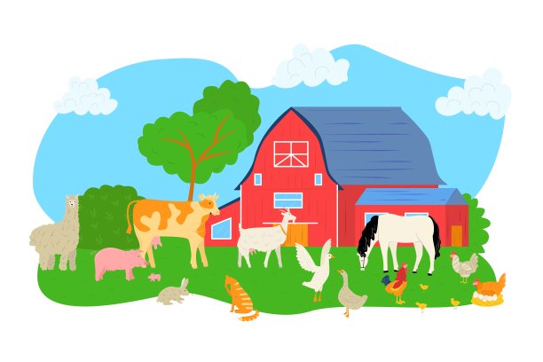 卡通猪、羊、马、牛在农场矢量插画。以动物为自然景观，鸡舍为鸡舍背景。图片下载