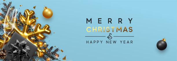 圣诞节的旗帜。背景:闪闪发光的圣诞花环设计，与现实的礼盒，黑色雪花和闪闪发光的金色纸屑。横向圣诞海报，贺卡，标题，网站图片下载