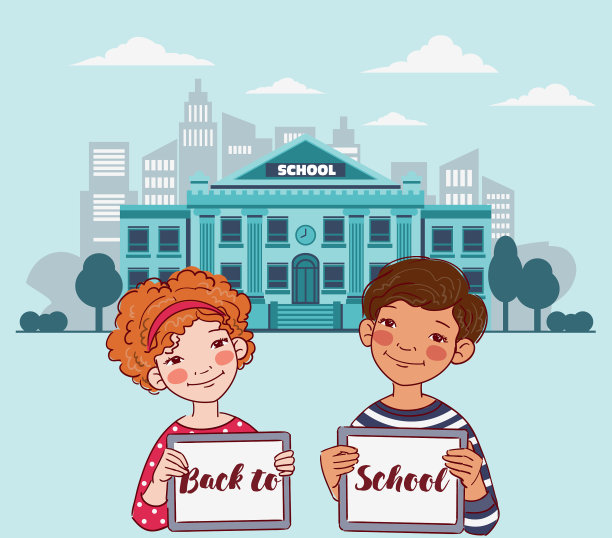 快乐的男孩和女孩显示空白的数字平板电脑屏幕。可爱的孩子使用平板电脑。回到学校向量的概念图片下载