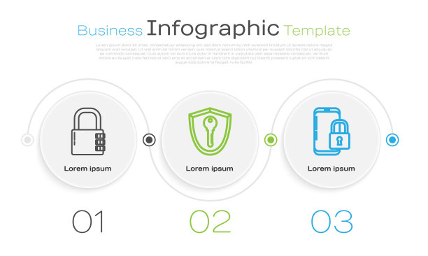 设置线安全密码锁，盾带钥匙，智能手机带封闭式挂锁。业务信息模板。向量图片下载