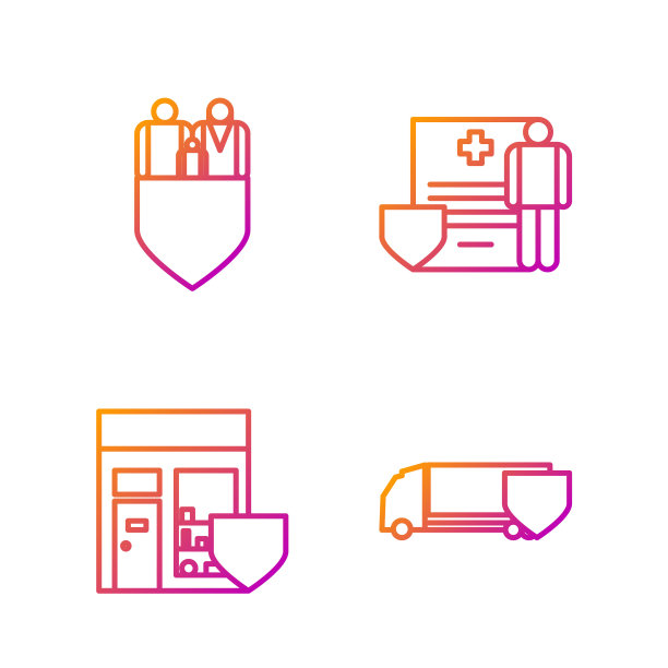 设送货卡车带盾牌，购物大楼带盾牌，家庭保险带盾牌，医疗记录带盾牌。渐变颜色图标。向量图片下载