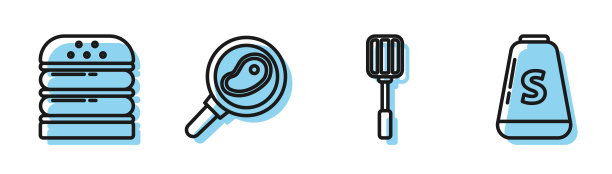 摆好抹刀，汉堡，煎锅里的牛排和盐图标。向量图片下载