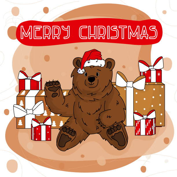 手绘快乐的灰熊挥舞着手，坐在棕红色的背景上图片下载