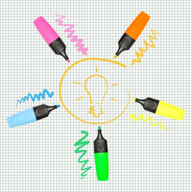 彩色荧光笔与灯泡概念和标记线，剪下图片下载
