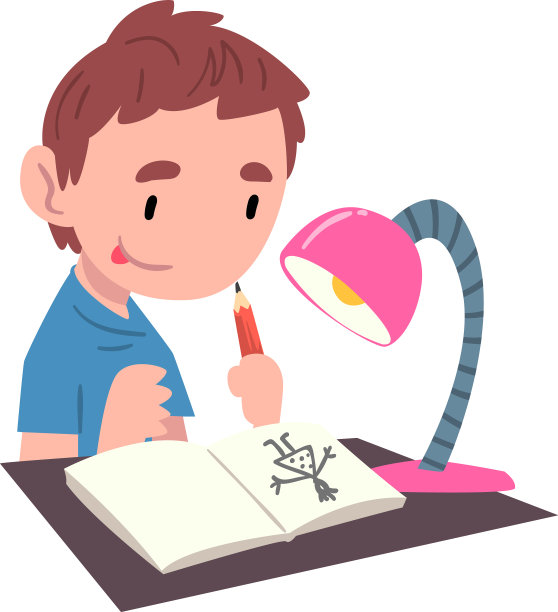 男孩坐在桌子旁，画着可爱的图画图片下载