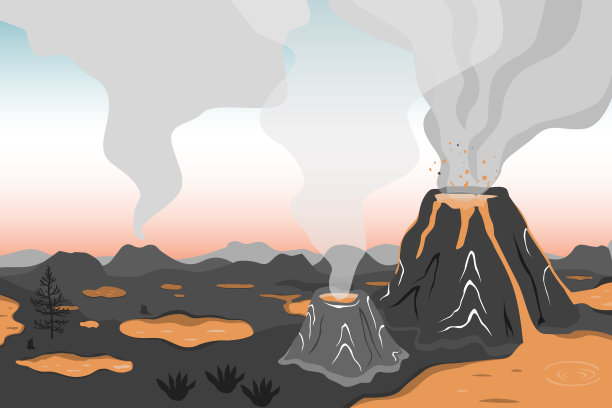 史前景观火山喷发，熔岩和烟雾天空。矢量背景与山脉和火山在平面卡通风格图片下载