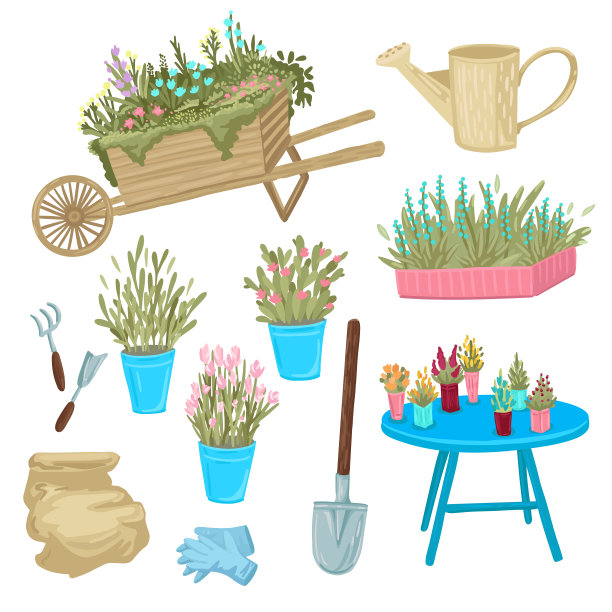 一套盆栽植物，手推车和园艺工具。矢量图图片下载