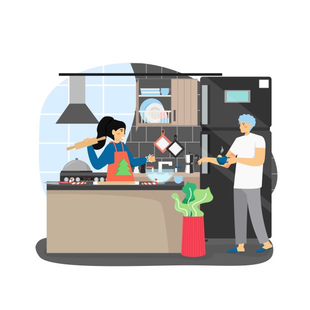 快乐的女人烹饪节日晚餐，制作新年的圣诞饼干，圣诞晚会，平面矢量插图。图片下载