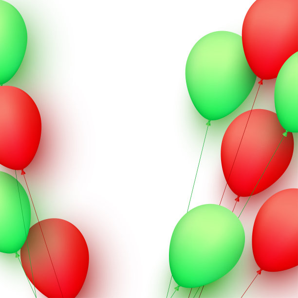 一束淡绿色和红色气球与线在白色的背景。图片下载