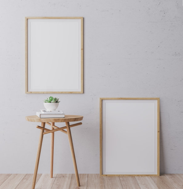 斯堪的纳维亚室内海报模型与垂直木框架在灰色的墙壁背景，框架模型图片下载