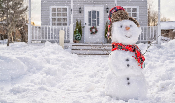 在冬天的一天，雪人在房子前面微笑图片下载