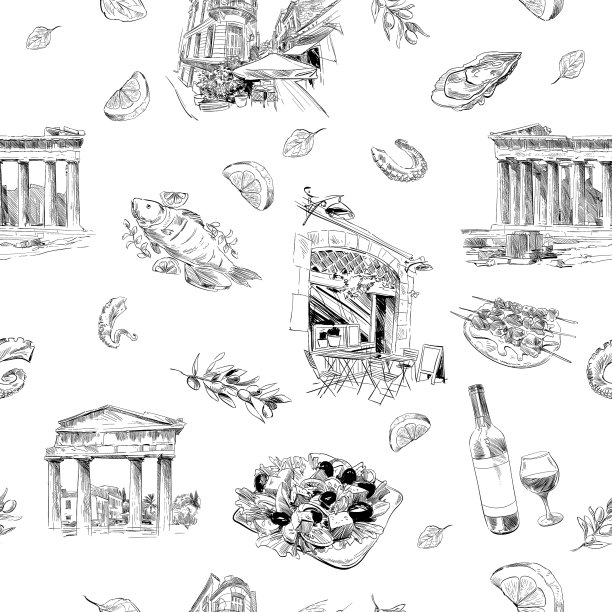 无缝模式的地标和咖啡馆希腊图片下载
