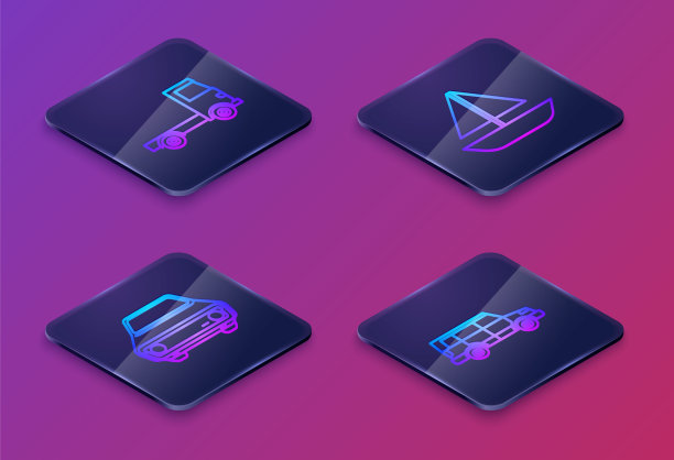 设置等距线运输货车，汽车，游艇，帆船或帆船和越野汽车。蓝色方框按钮。向量图片下载