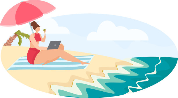 女孩在一个海滩上远程工作自由职业者图片下载