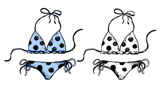手绘矢量插图。一套轮廓和彩色图纸隔离在白色上。波点比基尼泳衣。用于设计、卡片、打印、贴纸的涂鸦元素。复古，水墨素描，写实风格。图片下载