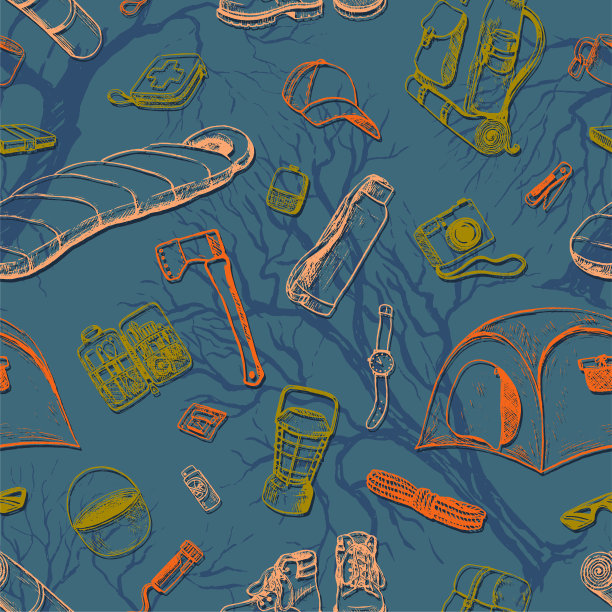 徒步手绘矢量无缝图案。背包和旅游配件。徒步旅行的必需品。明亮的轮廓背景在素描风格。适用于墙纸、纺织品、织物、印花、包装。图片下载