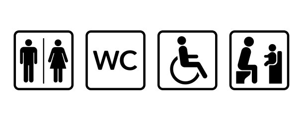 厕所图标标志的男人和女人，身体残疾，婴儿椅图片下载