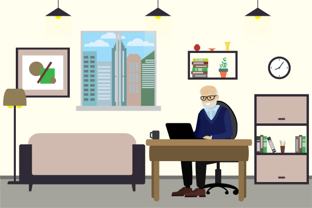 卡通老人用笔记本电脑在家工作图片下载