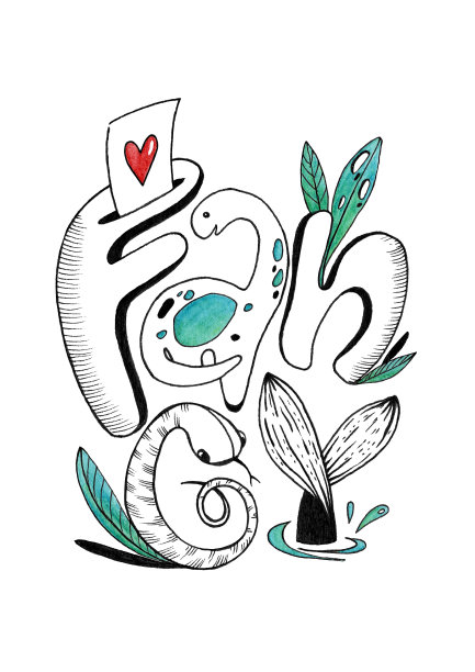 以恐龙、蛇、鱼尾和绿松石树叶为特征的现代涂鸦字体。适用于贴纸、购物袋、t恤、印刷品、卡片。图片下载