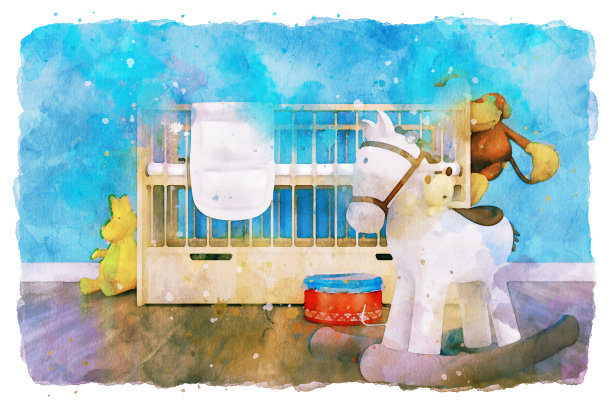 带玩具的怀旧婴儿房-水彩效果图片下载