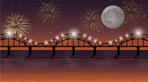 河上有庆祝的烟火景象图片下载