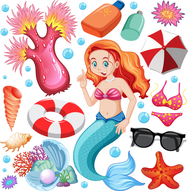 设定美人鱼和夏季图标卡通人物图片下载