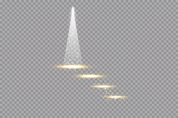 照明灯闪亮的圣诞树孤立在透明的背景。白色和金色的圣诞树象征新年快乐，庆祝圣诞佳节快乐。明亮灯光装饰设计。向量。图片下载