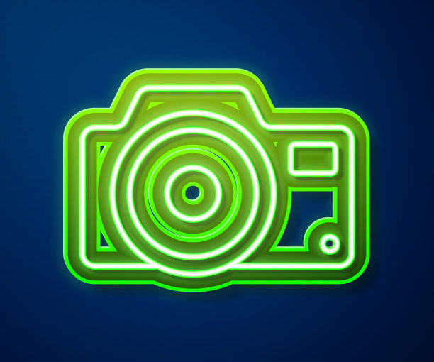 发光的霓虹灯线照片相机图标隔离在蓝色背景。相机图标。向量图片下载