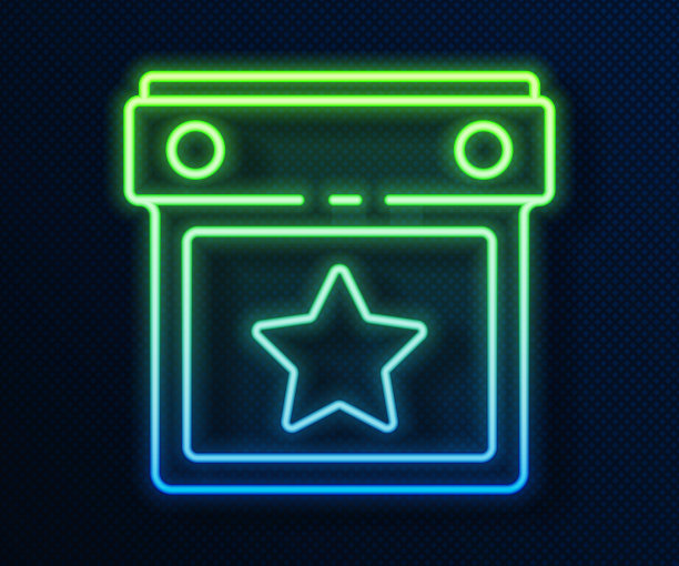 发光的霓虹灯线日历聚会图标孤立在蓝色背景。事件提醒标志。向量图片下载