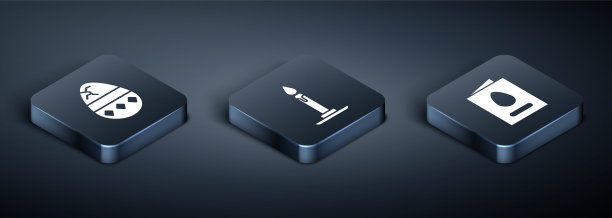 设置等距裂蛋，贺卡与快乐复活节和燃烧的蜡烛在烛台图标。向量图片下载