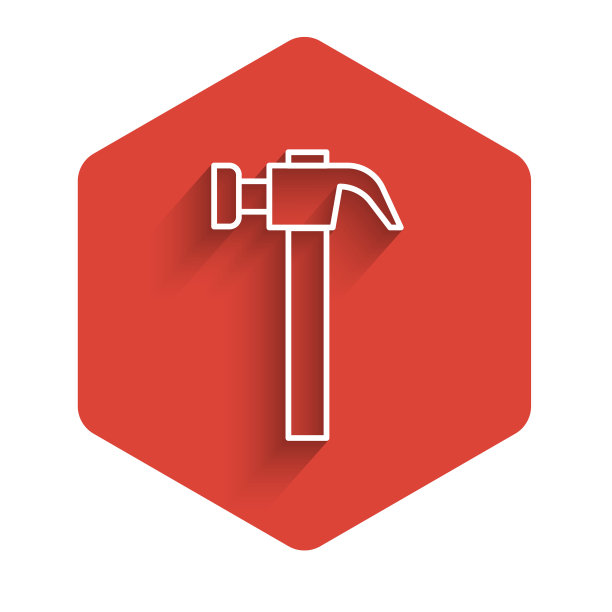 白色线锤图标孤立与长阴影。修复的工具。红色的六角按钮。向量图片下载