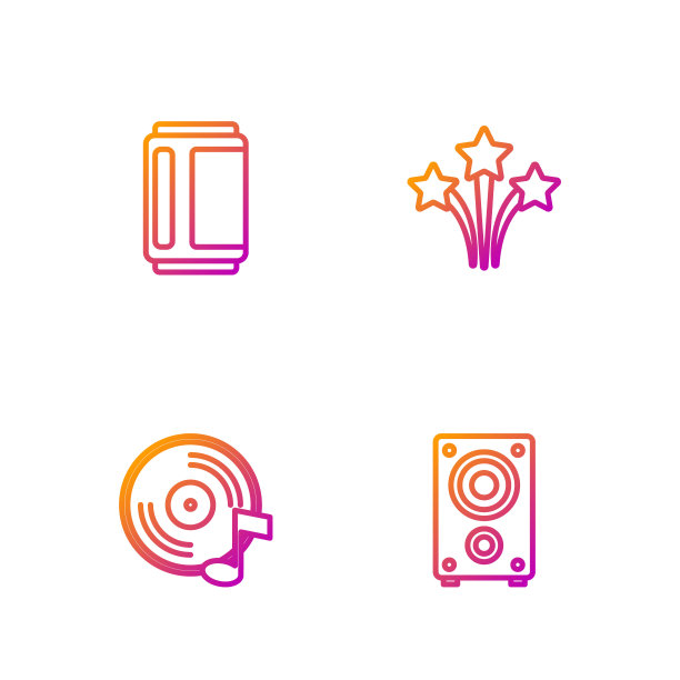 立体声扬声器、黑胶唱片、啤酒罐和烟花渐变色图标矢量素材图片下载