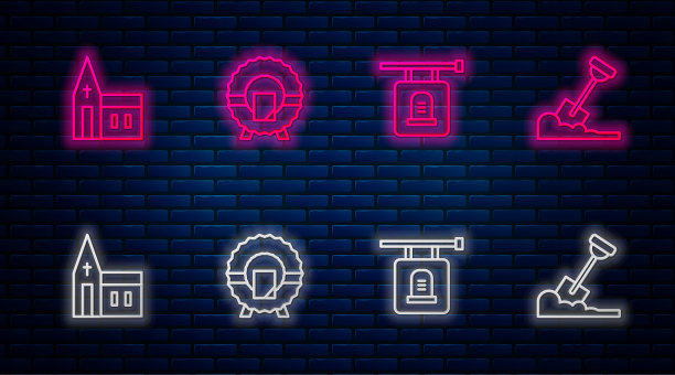 设行纪念花圈、招牌墓碑、教堂建筑及铲地。砖墙上发光的霓虹灯图标。向量图片下载