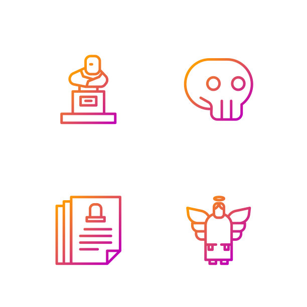 设行圣诞天使，死亡证明，坟墓与墓碑和头骨。渐变颜色图标。向量图片下载