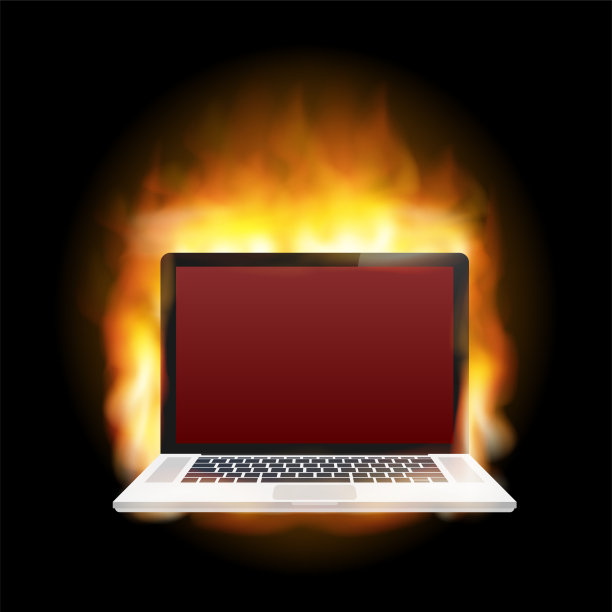 笔记本电脑的损害。笔记本电脑着火了。电脑维修。矢量股票插图。图片下载