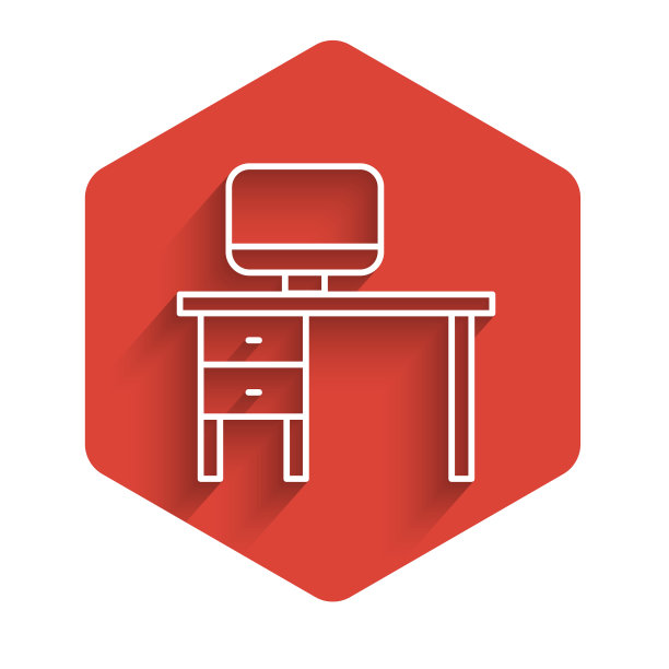 白线电脑显示器和桌面图标孤立，阴影长。电脑组件的信号。红色的六角按钮。矢量图图片下载