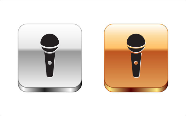 黑色麦克风图标隔离在白色背景。在空中无线电麦克风麦克风。演讲者的迹象。金银平方按钮。向量图片下载