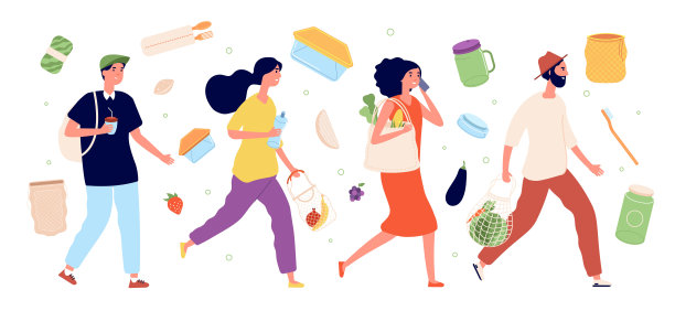 绿色的生活方式。天然生态食品，可持续袋。喝纯素饮料的男人和带生物包的女人。矢量生态友好型插图图片下载