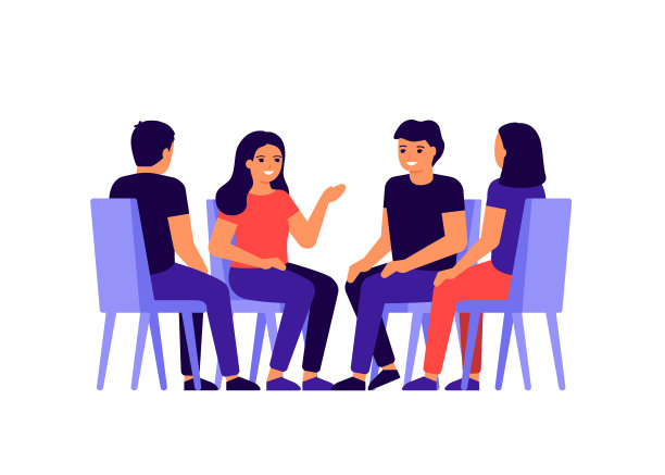 一群人围坐在一起，聊天，讨论新闻，留言。男人和女人在团队中交谈，一起讨论问题，交换意见。工作团队的会议，朋友。矢量平面图片下载