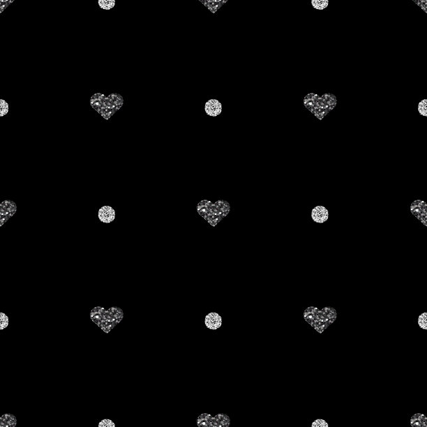 无缝黑色亮心形状与银点亮纹背景图片下载