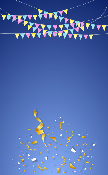 在蓝色背景上悬挂不同颜色的节日旗帜图片下载