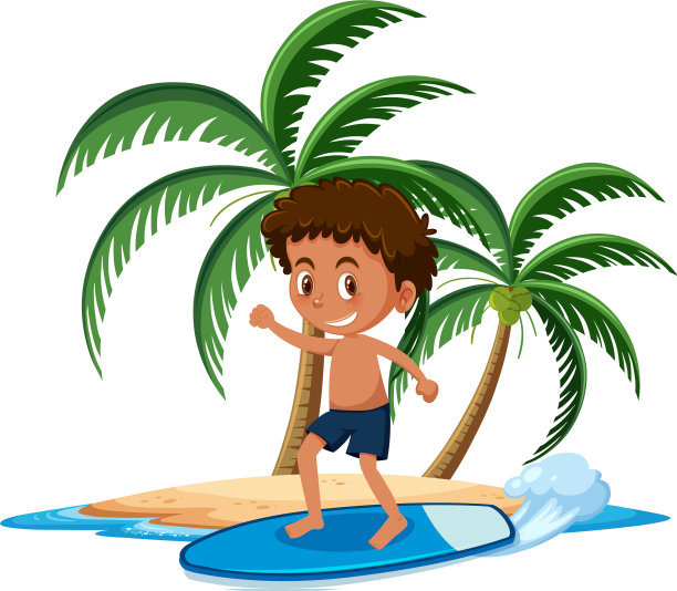 男孩在热带岛屿冲浪卡通图片下载