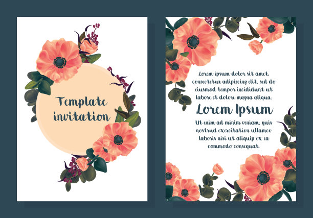 婚礼邀请函模板。Аnemone花。图片下载