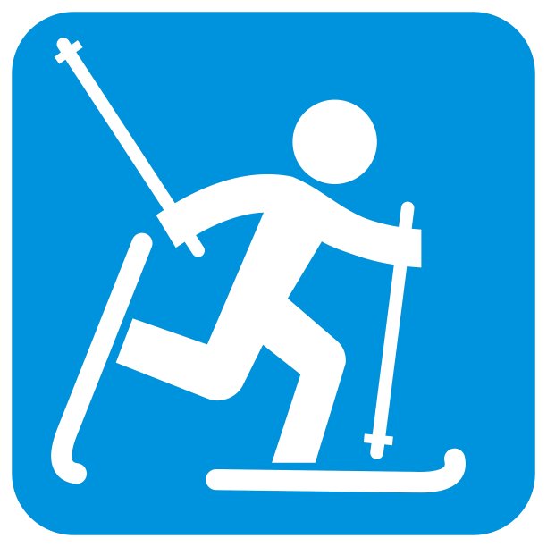 越野滑雪者，白色的剪影在蓝色的背景，eps。图片下载