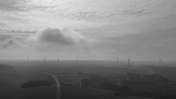 白色和黑色的照片从上面风景如画的大农田与现代风车位于清覆盖在早晨的雾。空间的文本。设计理念。图片下载