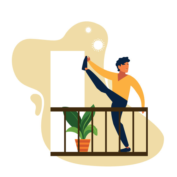 男人在阳台上做伸展运动图片下载