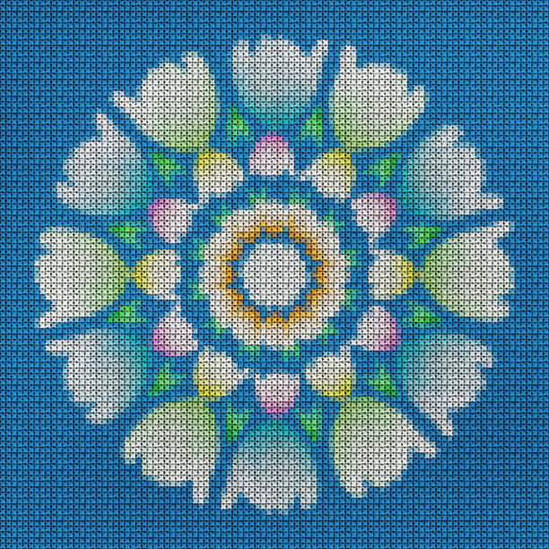 插图十字绣曼荼罗从花。十字绣印花拼贴。曼荼罗——冥想、佛教、印度教、瑜伽的象征。用植物绘制的东方风格的几何图形图片下载